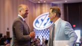 Nick Saban is back at SEC Media Days, six months after retiring and asking the questions now