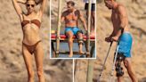 Simeone, 54, wears huge knee brace as he takes dip with bikini-clad wife, 36