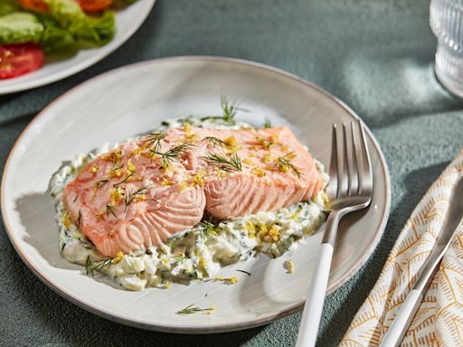 Poached salmon with zucchini tzatziki is an easy but impressive dish