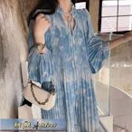 韓國女裝智熏裙法式甜美連衣裙褶皺燈籠袖寬松氣質雪紡防曬衣長袖-促銷