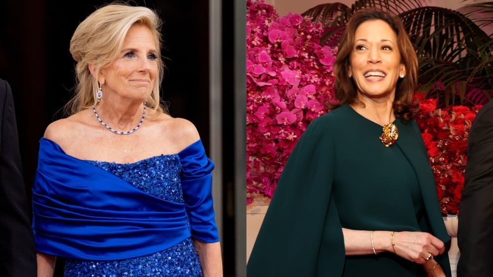 Jill Biden Dazzles in Sapphire Sergio Hudson Dress, Kamala Harris Dons Chloé Cape and More at White House State...
