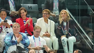 First Lady Jill Biden, Dawn Staley cheer on US men's gymnastics team at Olympic qualifying