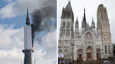 Towering spire of medieval French cathedral catches fire