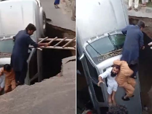 VIDEO: Huge Sinkhole Swallows 3 Vehicles In Lahore, Narrow Escape For Motorists