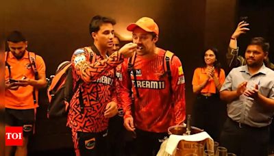 Watch: After setting ground on fire, SRH's Abhishek Sharma and Travis Head cut SRH victory cake | Cricket News - Times of India