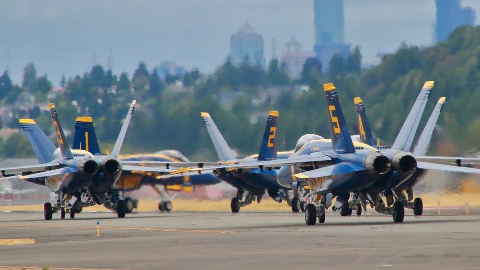 Blue Angels touch down at Boeing Field for Seafair week festivities