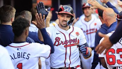 LOOK: Braves' Adam Duvall tosses ball into stands to knock down pyramid of cups