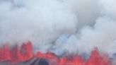 Aerial footage of ongoing volcanic eruption in Iceland