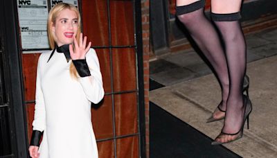 Emma Roberts Updates Mesh Shoe Trend With Sheer Tights and White Minidress