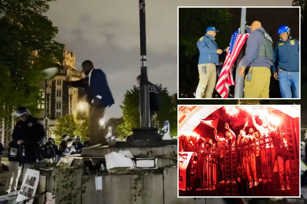 Cops raise the Stars and Stripes, toss away Palestinian flag in iconic moment after quelling City College pro-terror protest