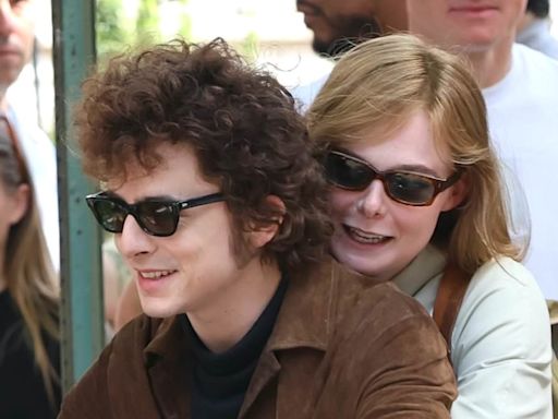 Timothee Chalamet and Elle Fanning ride motorcycle on Bob Dylan biopic