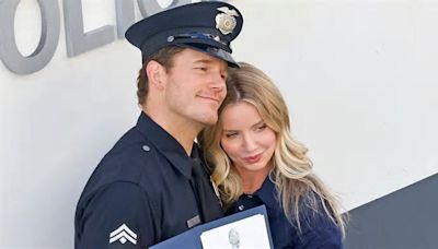 Chris Pratt and Annabelle Wallis pose as a married couple during a Police graduation ceremony as they shoot their new sci-fi thriller Mercy in LA