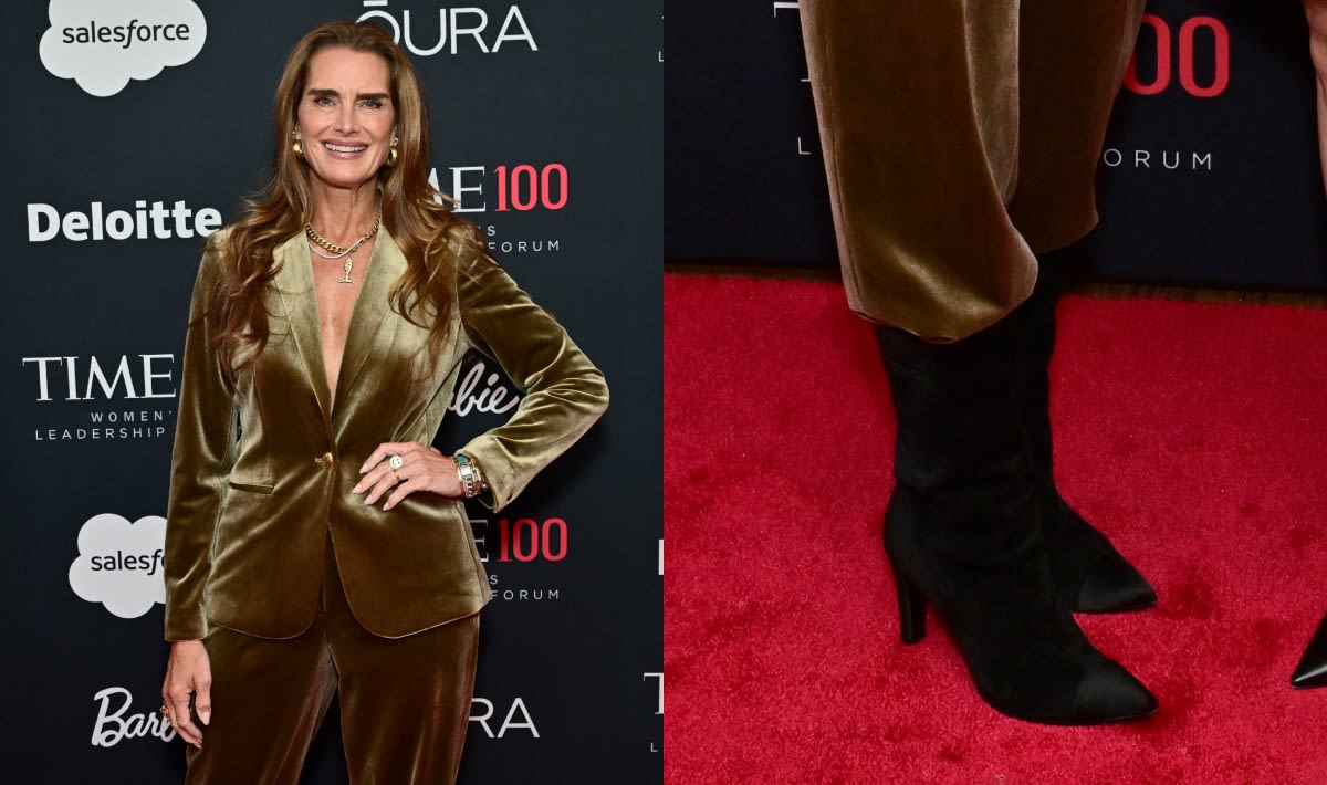 Brooke Shields Cozies Up in Fall-Ready Suede and Satin Ankle Boots at Time 100’s Women’s Leadership Forum in New York