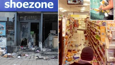 Moment idiot looters set shoe shop on FIRE & raid Sainsbury's for wine