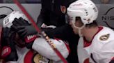 Senators' Thomas Chabot accidentally slashes teammate Travis Hamonic on bench