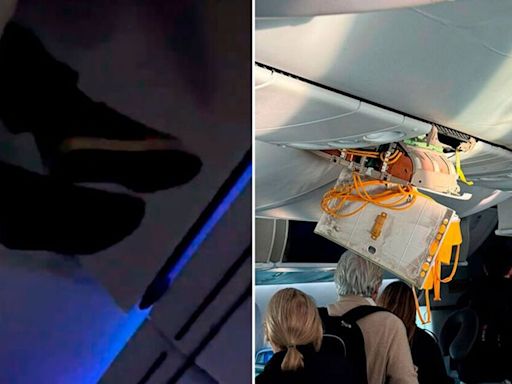 Terrifying Boeing plane turbulence leaves man dangling from overhead luggage bin