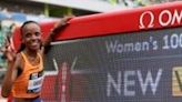 Kenya's Beatrice Chebet celebrates her world record-setting 10,000m victory at the Eugene Diamond League meeting