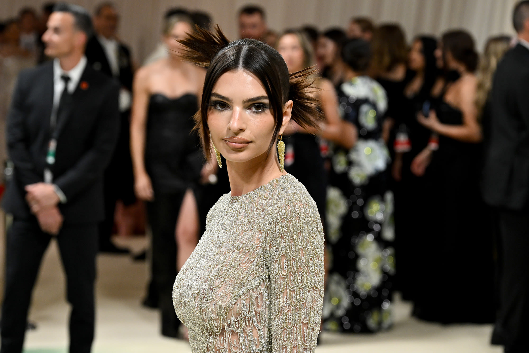 Emily Ratajkowski Goes Sheer and Backless in Crystallized Atelier Versace Dress for Met Gala 2024 Red Carpet