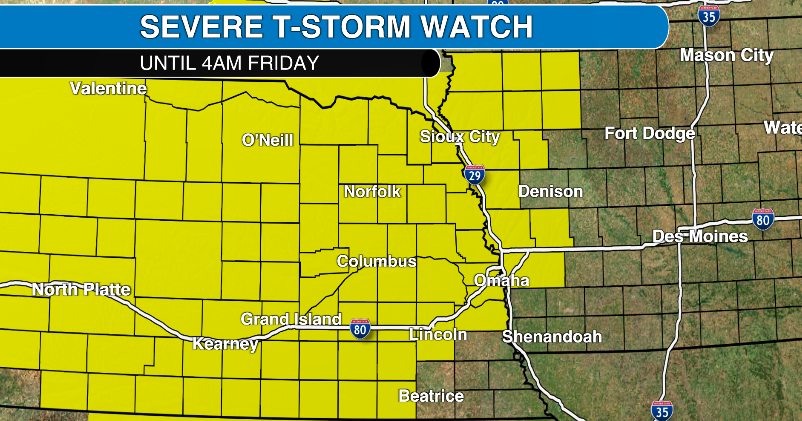 Severe thunderstorm watch for eastern Nebraska and western Iowa until 4 a.m. Friday