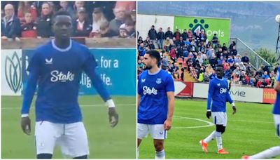 Fans in disbelief after spotting Everton badge falling off new shirt during pre-season friendly