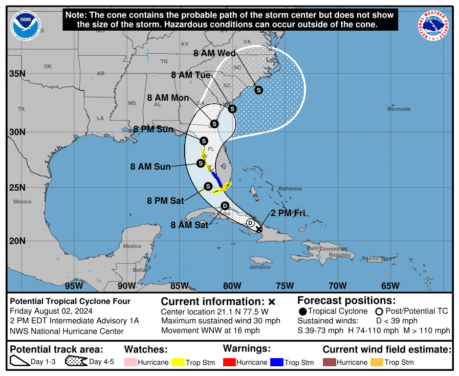 Tropical Depression Four forms, expected to be Tropical Storm Debby before Florida landfall. See expected impacts