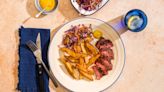 Skirt steak with homemade oven chips and red cabbage slaw recipe