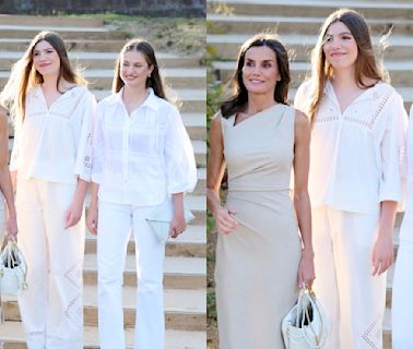 Queen Letizia of Spain Coordinates in Mango Dress With Daughters Princess Leonor and Princess Sofía for Girona Awards in Barcelona