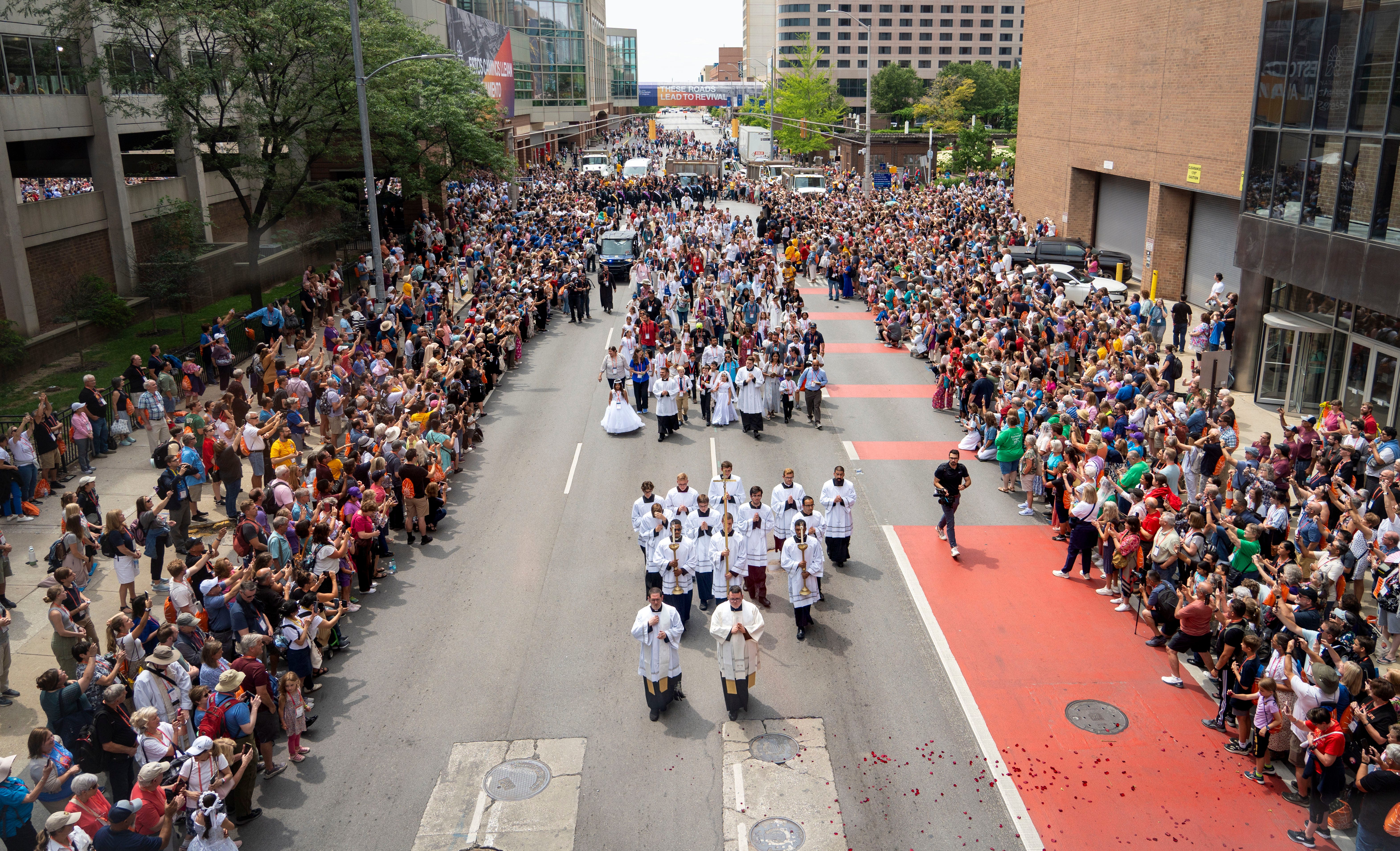 Watch as Indy streets fill with Eucharistic Procession participants from the National Eucharistic Congress