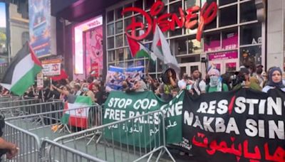 Anti-Israel protesters hold up portrait of Ismail Haniyeh, wave pro-terror flag in Times Square: Watch