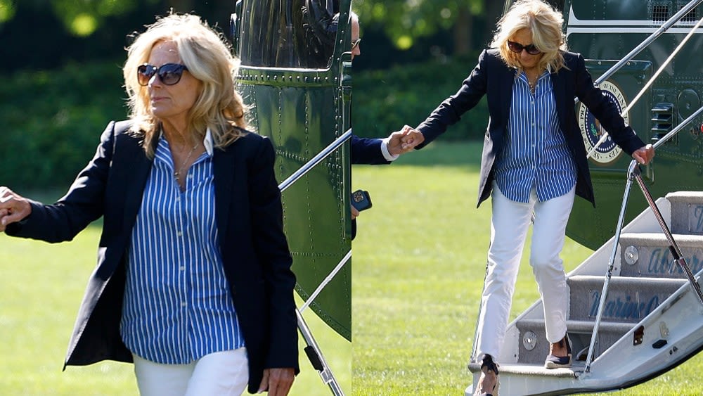 Jill Biden Gives Power Suiting a Summery Spin in Pin-striped White and Blue Shirt After Weekend Trip to Delaware With...