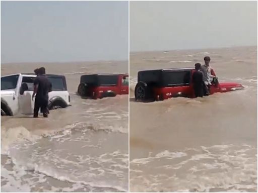 On Camera: Gujarat Mens' Thar SUVs Get Stuck In Sea As Instagram Reel Stunt Goes Awry