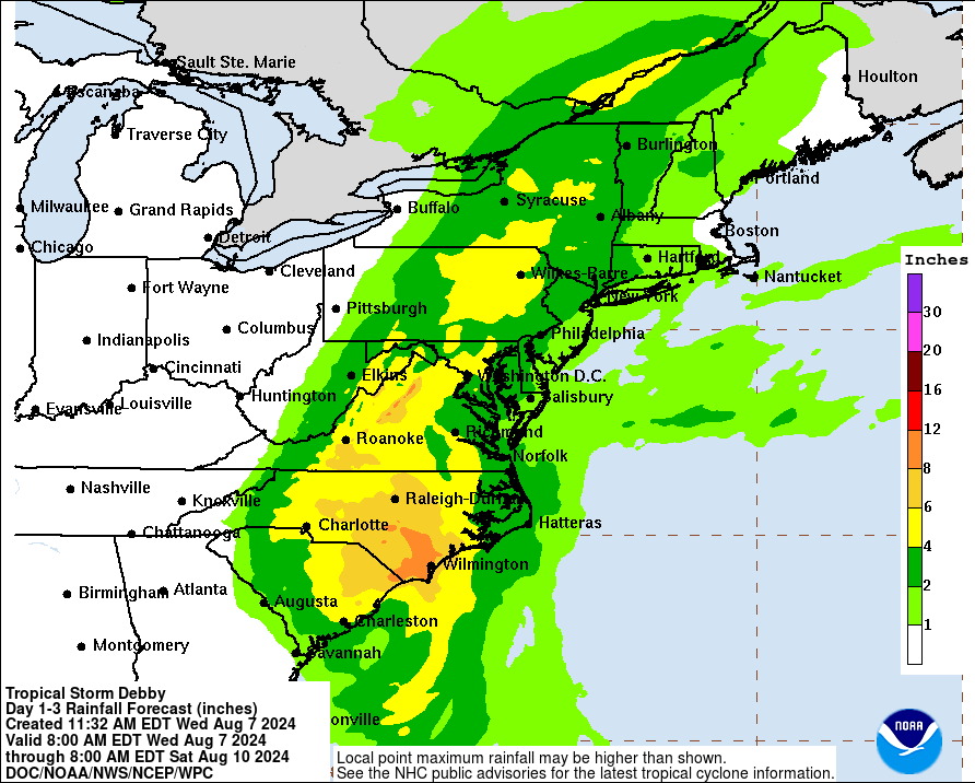 Tropical Storm Debby rainfall totals for NC, SC, Georgia through Wednesday morning, Aug. 7