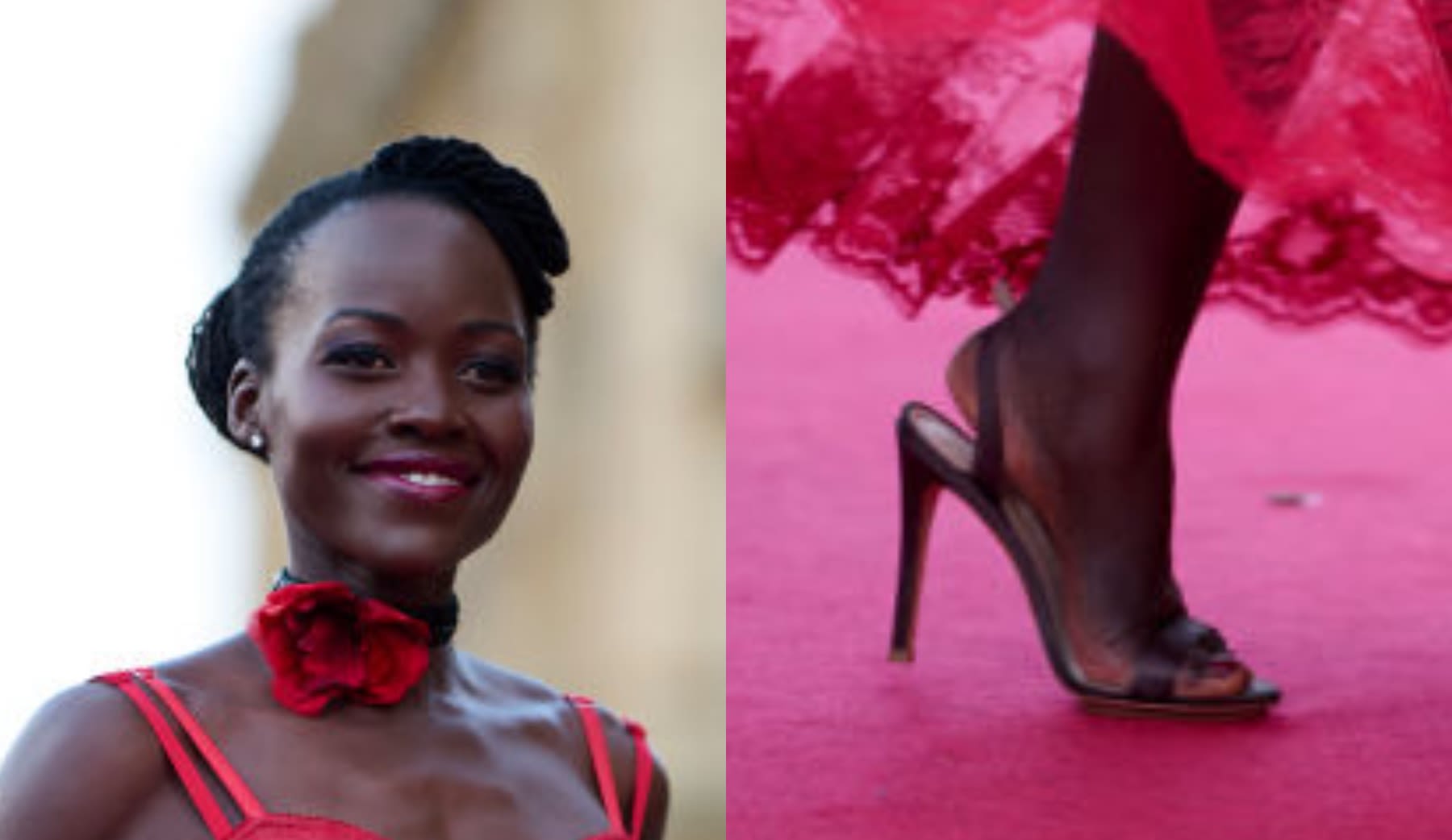 Lupita Nyong’o Sees Red In Lace Dress and Slingback Heels at 72th San Sebastian International Film Festival