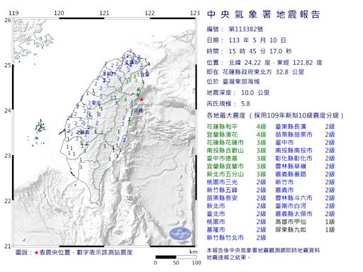 15:45東部海域規模5.8地震！宜花國家警報響 氣象署：403餘震
