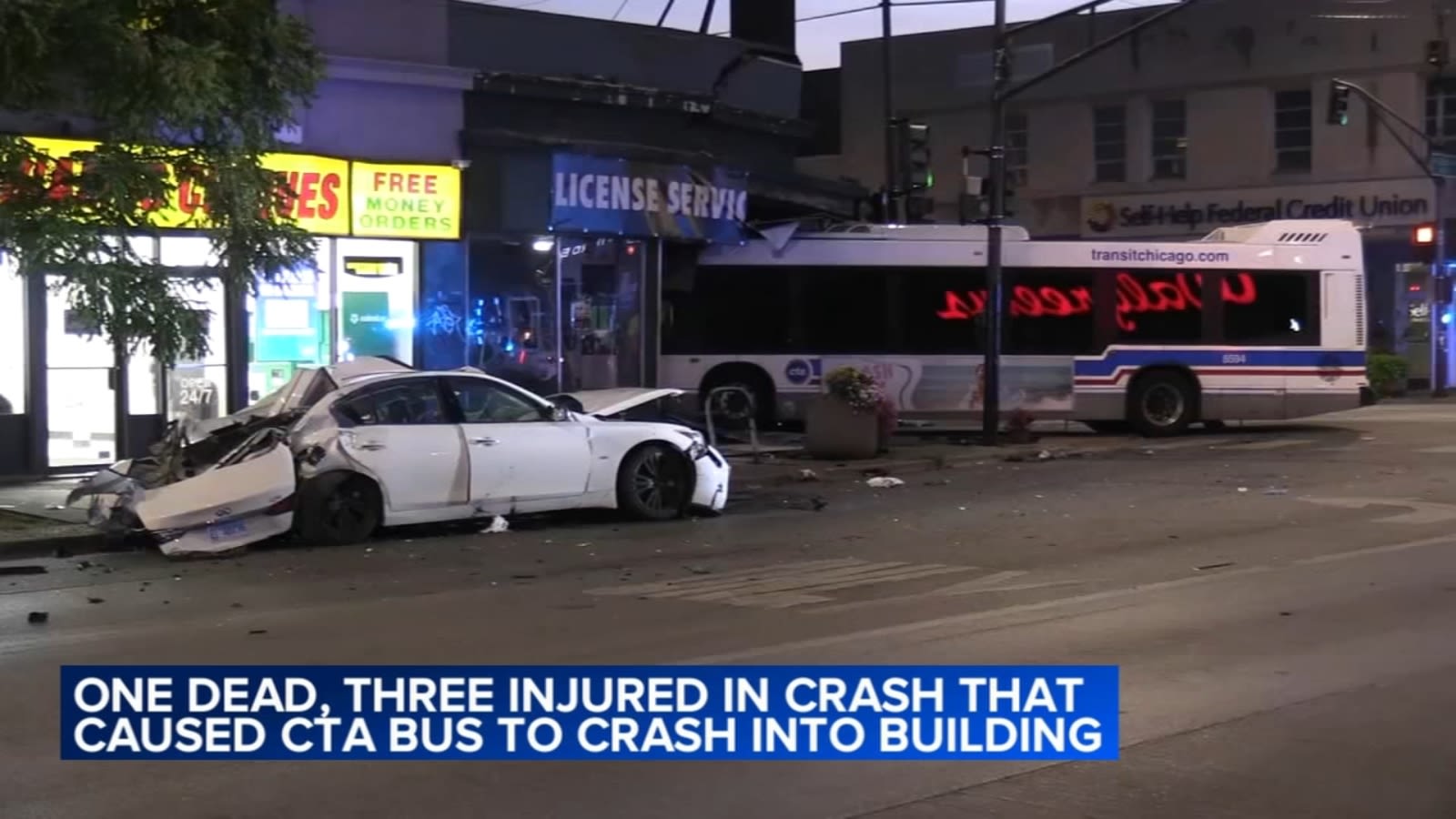 CTA bus crashes into building after sedan runs red light; 1 killed, 3 hurt, Chicago police say