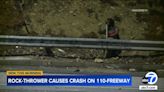 Man throws rocks onto 110 Freeway, causing motorcyclist to crash in DTLA, video shows