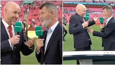 Roy Keane reacts as Erik ten Hag takes dig at his managerial career after FA Cup final