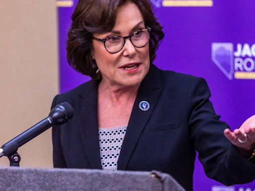 Jacky Rosen, D- Nev., speaks at a news conference to call on Brightline West's project to construct a high-speed rail system between Las Vegas and Southern California on Friday...