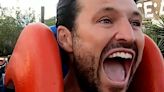 Mark Wright screams as he takes DJ Toby Anstis on slingshot ride