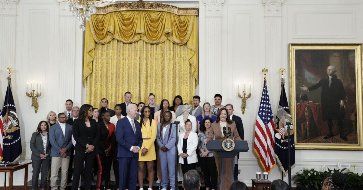 U.S. President Joe Biden and Vice President Kamala Harris welcome the Las Vegas Aces to celebrate their record-breaking season and victory in the 2023 WNBA Finals in the East Room at...