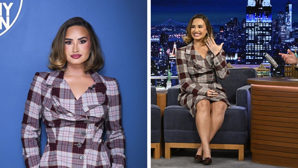 ...Tartan Twist on Office Siren Trend in ‘Misaligned’ Vivienne Westwood Suit for ‘Jimmy Fallon’ Appearance, Talks Engagement