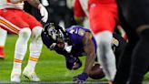 Ravens' Zay Flowers fumbles near the end zone after being flagged for taunting in the AFC title game