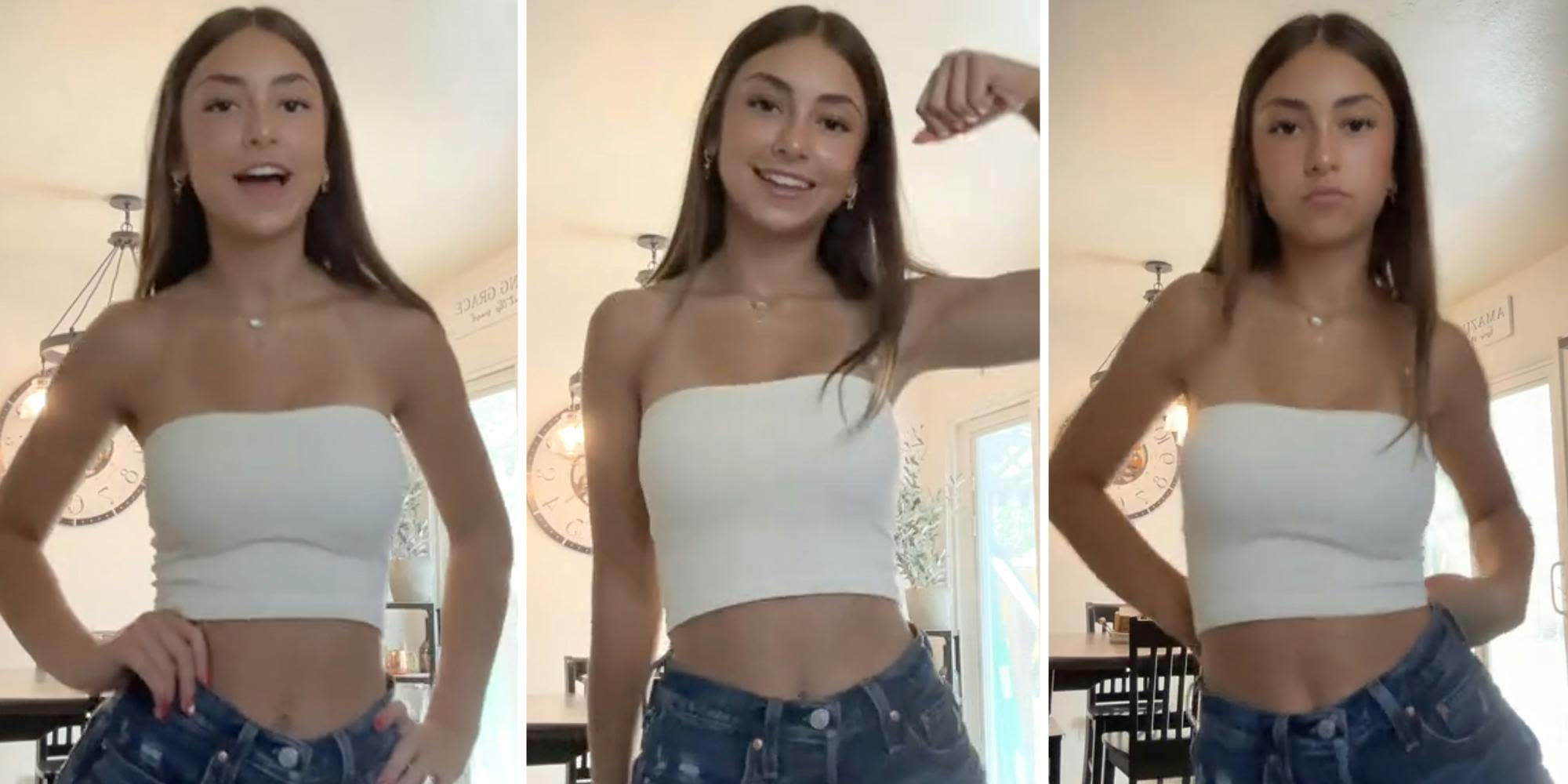 White tube top girl's viral TikTok dance turns her into a meme