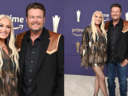 Gwen Stefani Favors Feathers in Laser-cut Roberto Cavalli Jacket for ACM Awards 2024 Red Carpet With Blake Shelton