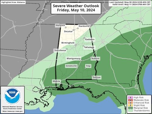 Level 2 severe weather risk for Alabama tonight
