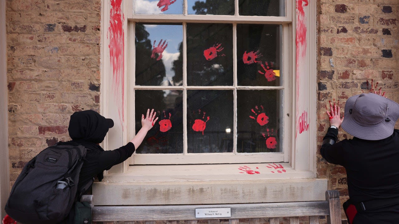 Anti-Israel demonstrators gather at UNC-Chapel Hill Chancellor's office, smear red paint on building