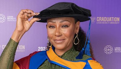 Mel B turns heads in a custom-made leopard print graduation gown