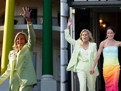First Lady Jill Biden Dons Mint Green Power Suit With Daughter Ashley in Revolve Rainbow Dress for White House Pride...