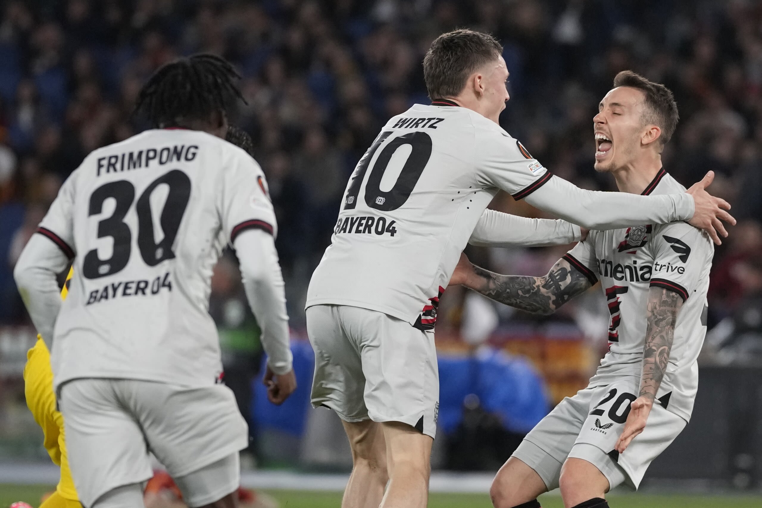 Bayer Leverkusen’s record unbeaten march continues with a 2-0 win at Roma in Europa League - WTOP News