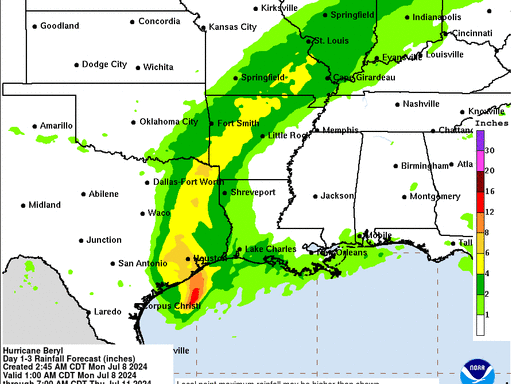 Hurricane Beryl to bring heavy rainfall as it moves inland from Texas. See forecast on map